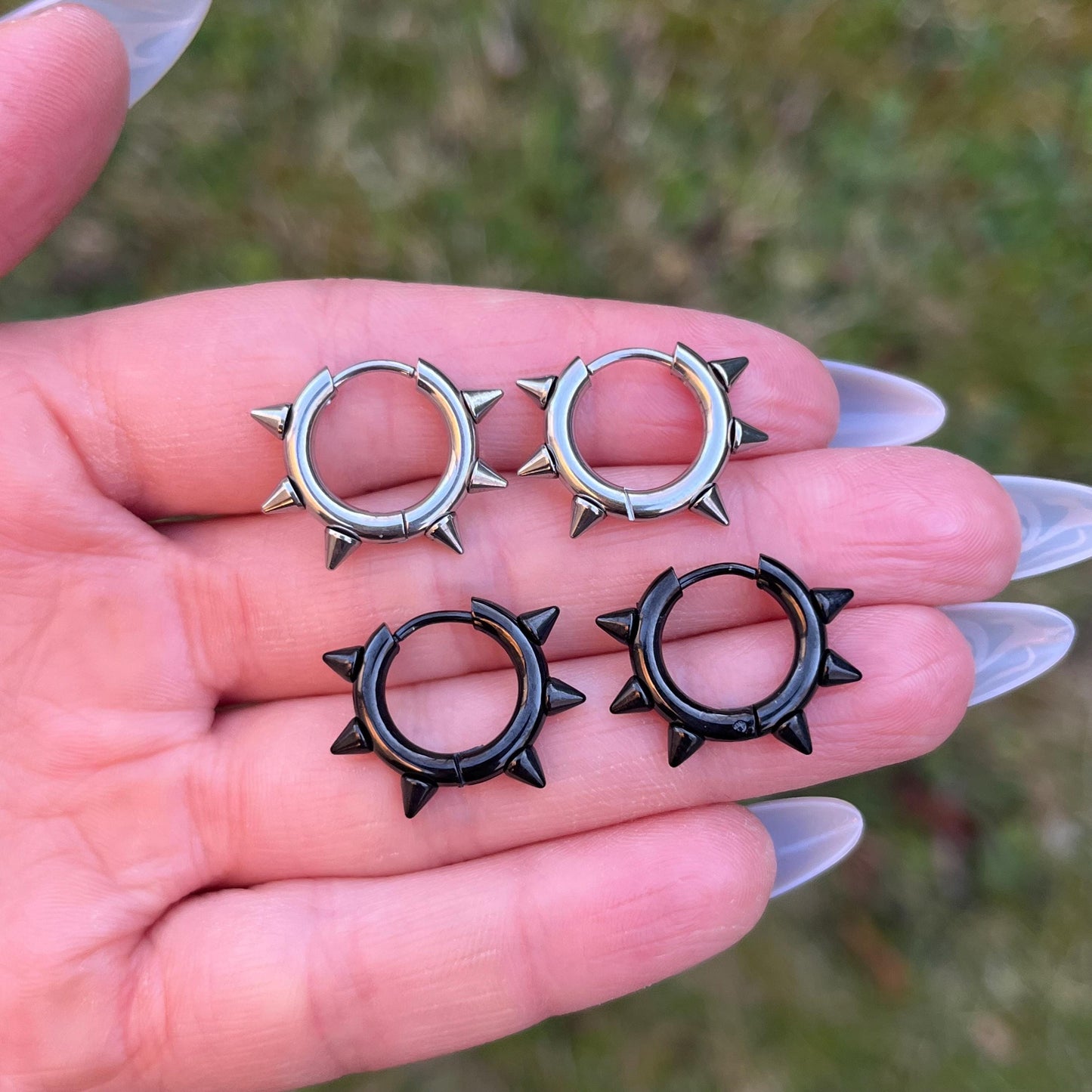 Spiky Stainless Steel Hoop Earrings: Gothic Jewellery, Black/Silver