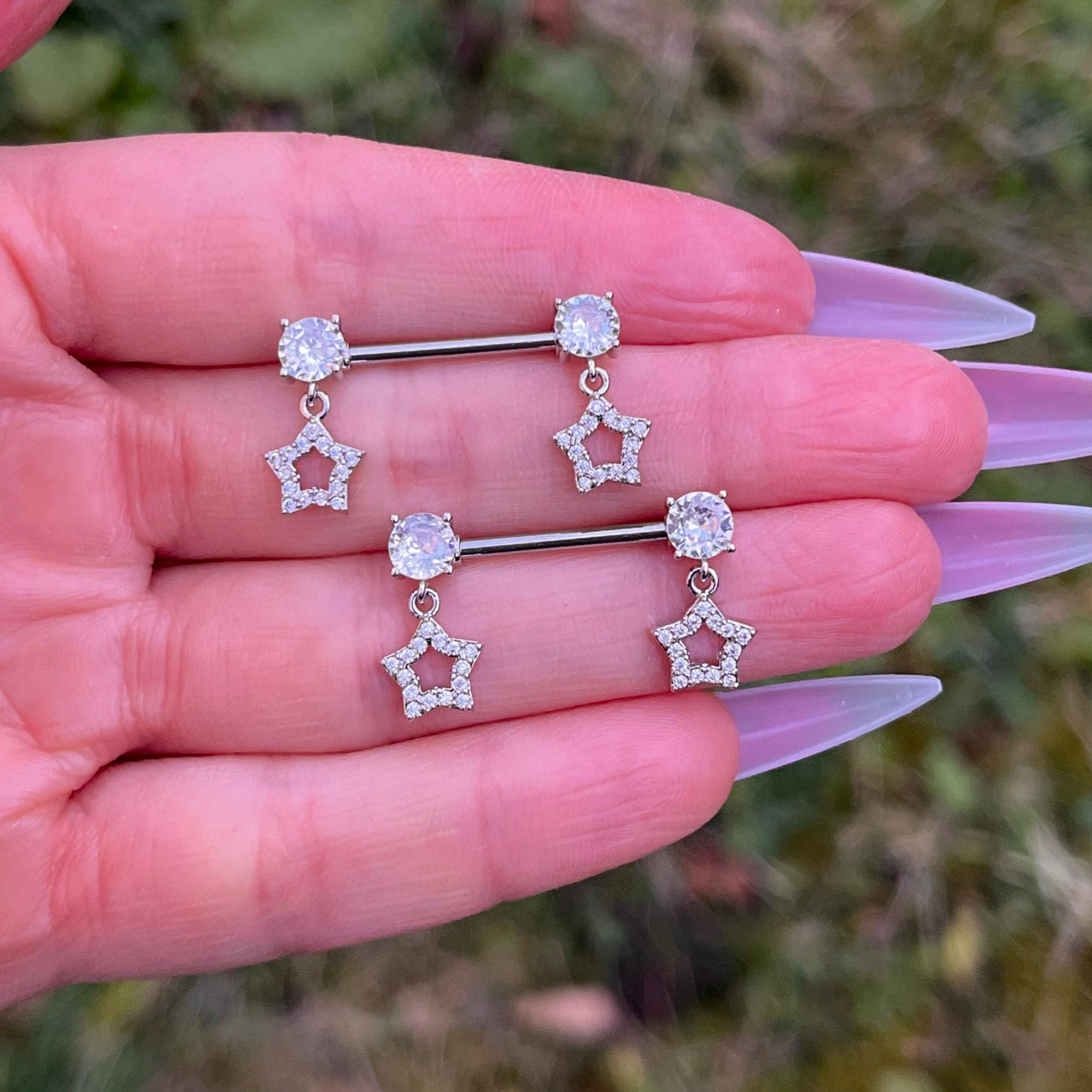 Star Dangle Nipple Barbells: Crystal Gem, Surgical Steel Body Piercing, 14G