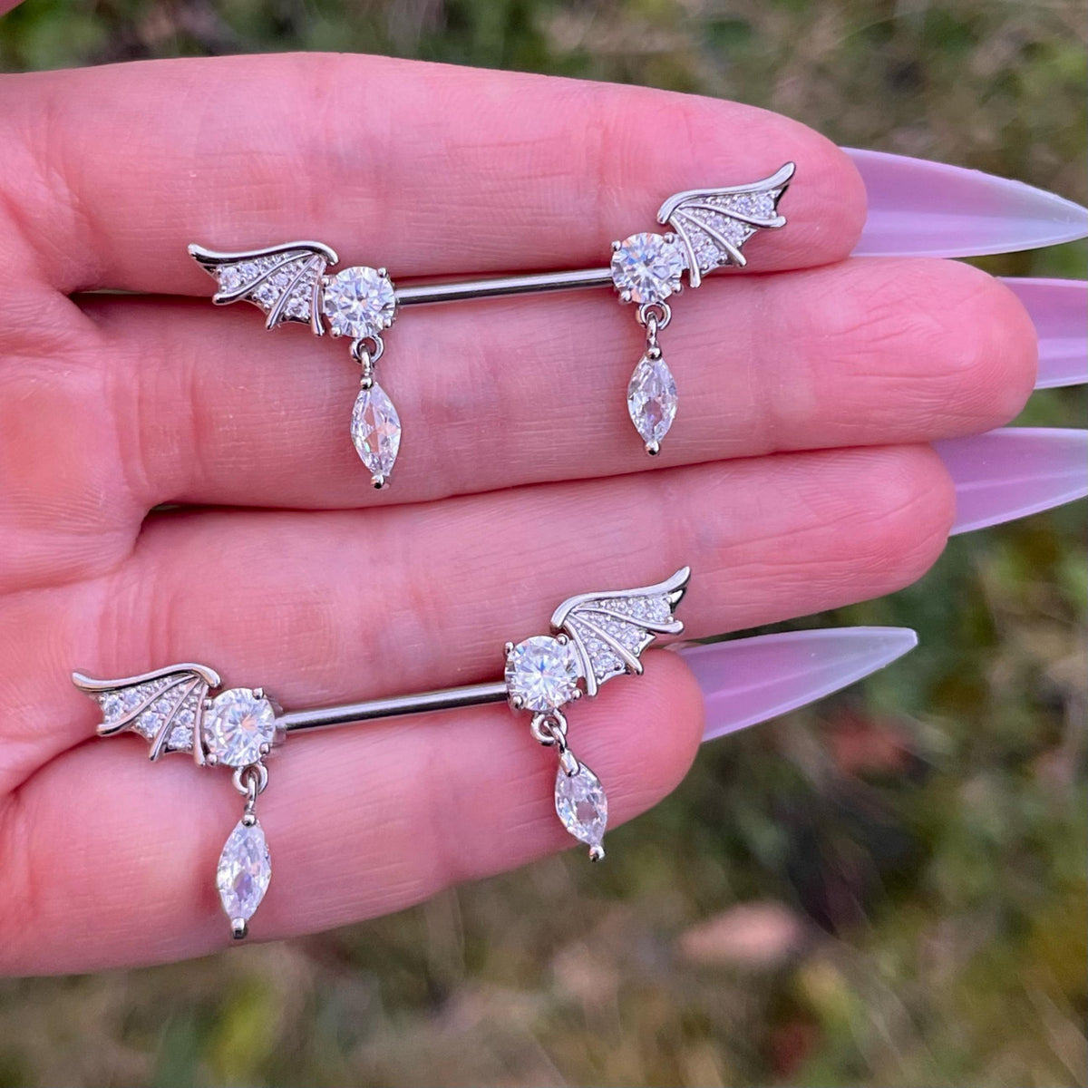Crystal Wing Nipple Barbells: Surgical Steel Body Piercing Jewellery, 14G