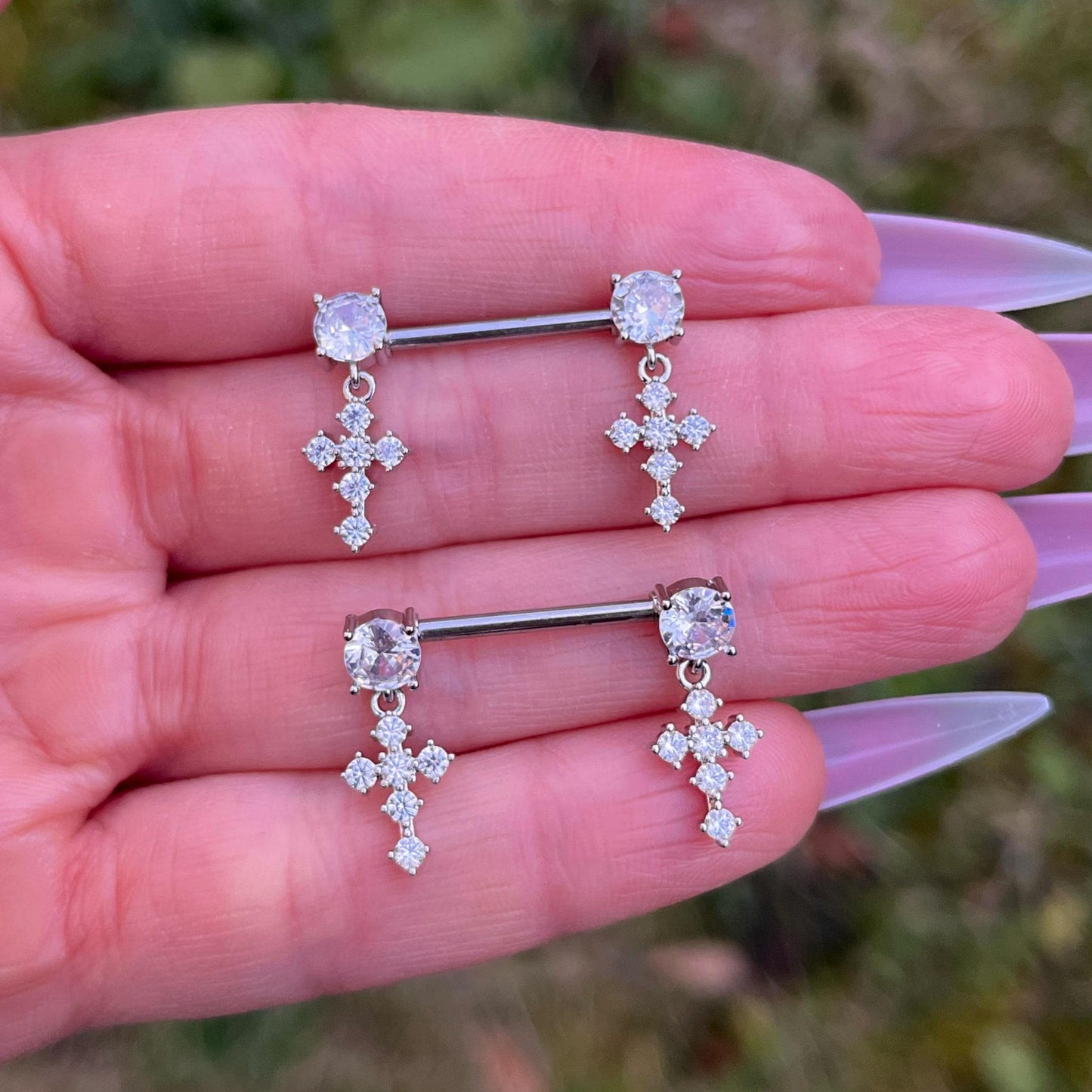 Crystal Cross Nipple Barbells: Surgical Steel Piercing Jewellery, 14G