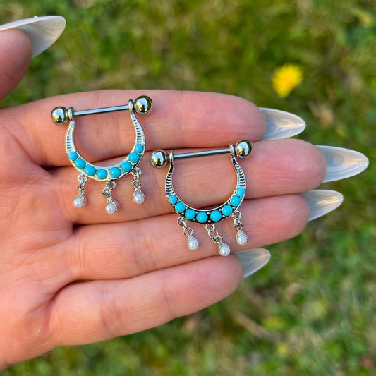 Beaded Nipple Barbells: Blue Crystal & Surgical Steel Piercing Jewellery, 14G 14mm