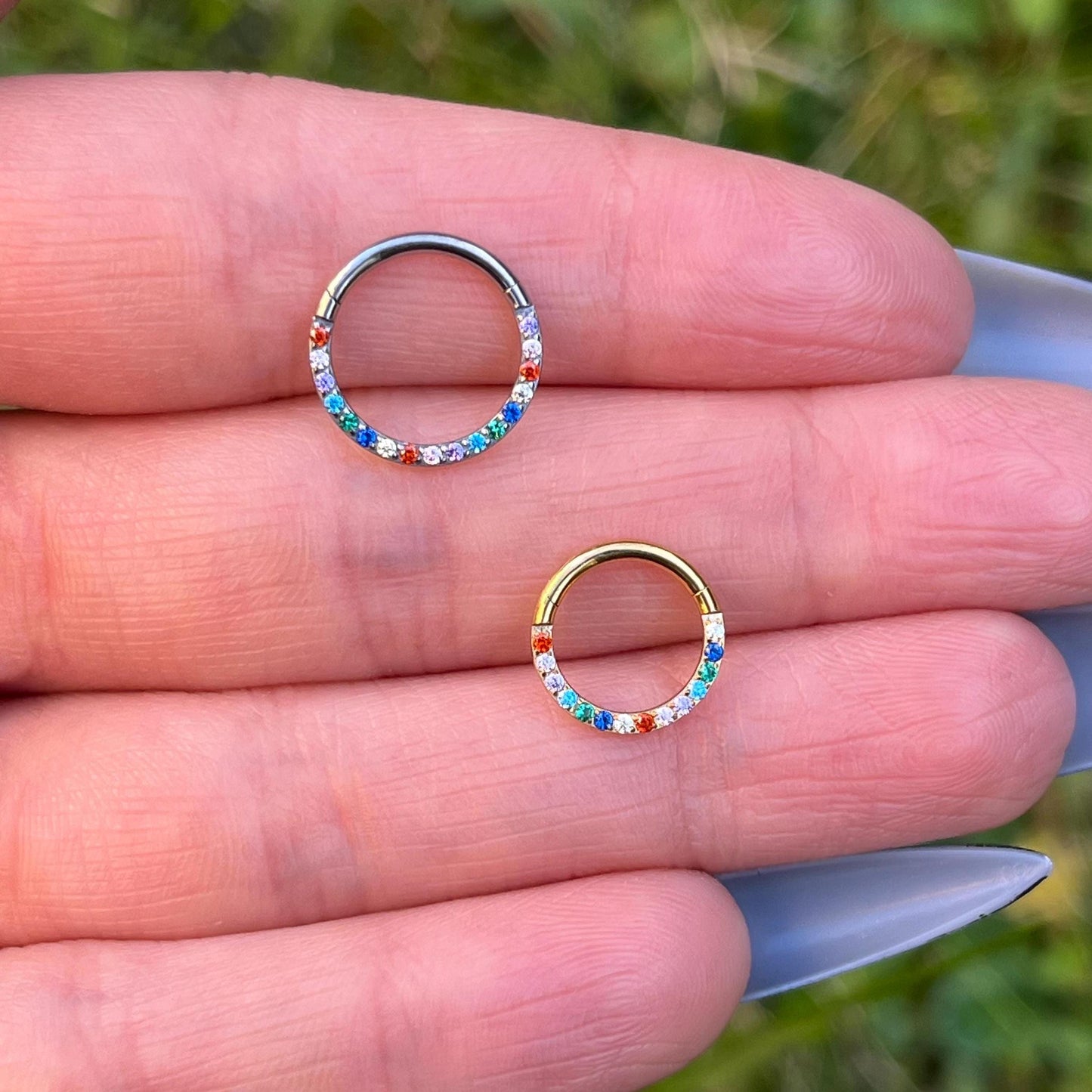 Multi Colour Crystal Septum Ring: Titanium Hinged Clicker, 16G 8mm/10mm
