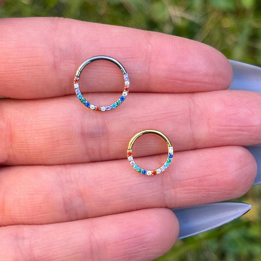 Multi Colour Crystal Septum Ring: Titanium Hinged Clicker, 16G 8mm/10mm