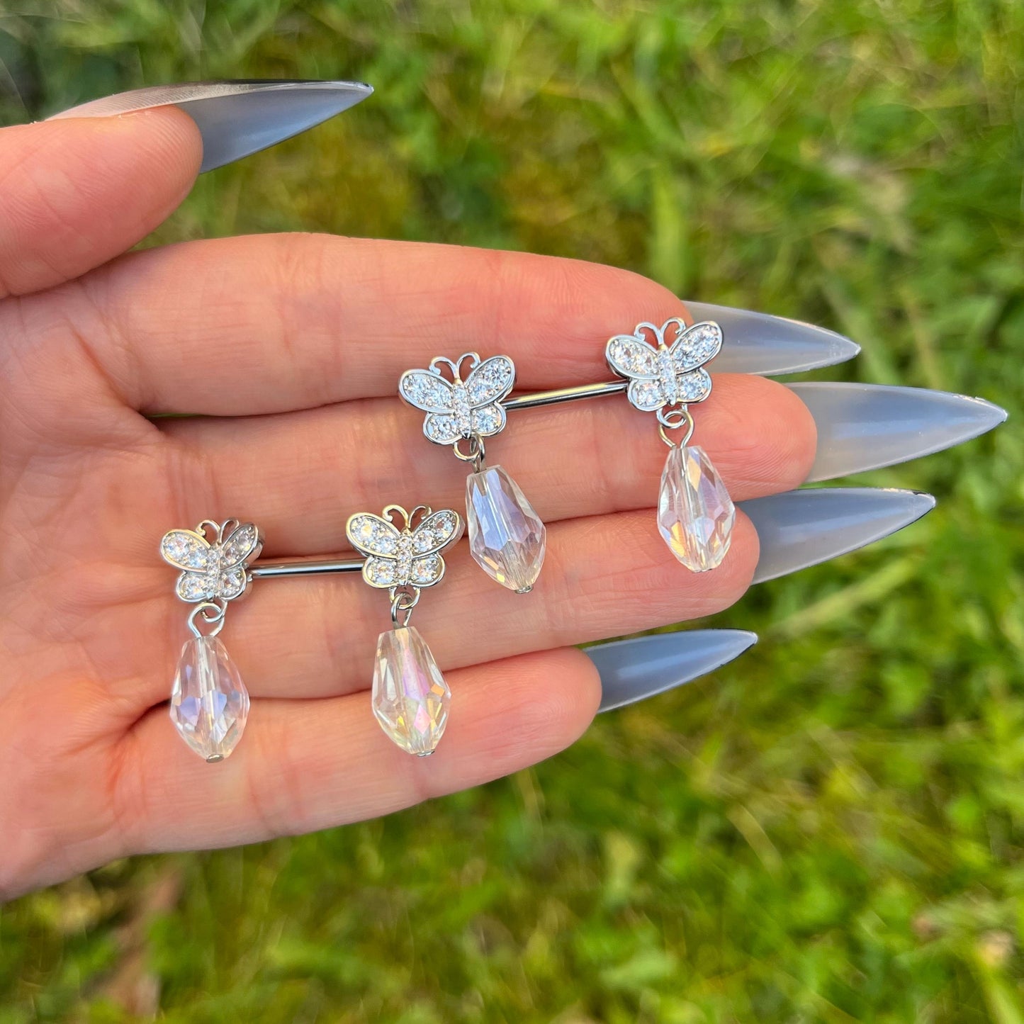 Butterfly Nipple Barbells: Crystal Gems Dangle, Stainles Steel 14G