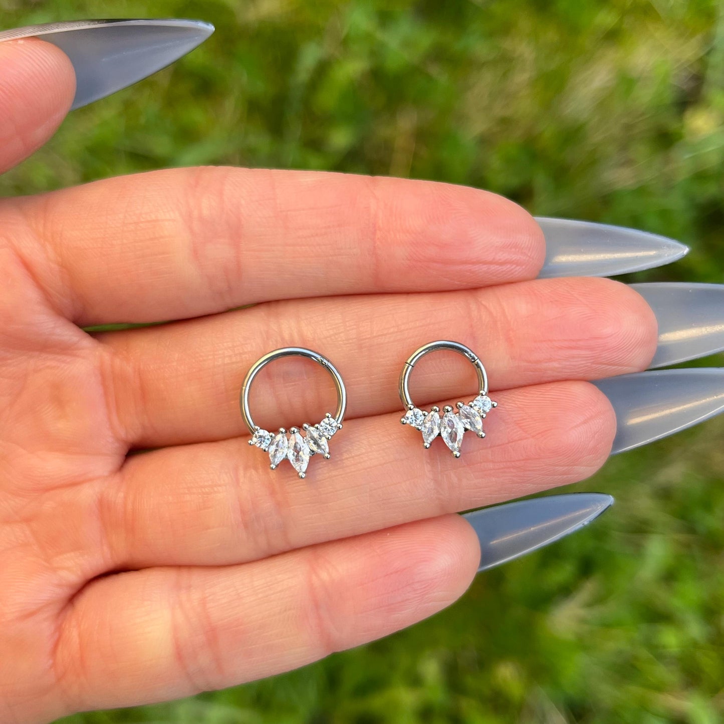Crystal Gem Septum Clicker: Silver Hinged Nose Ring, 16G 8mm/10mm