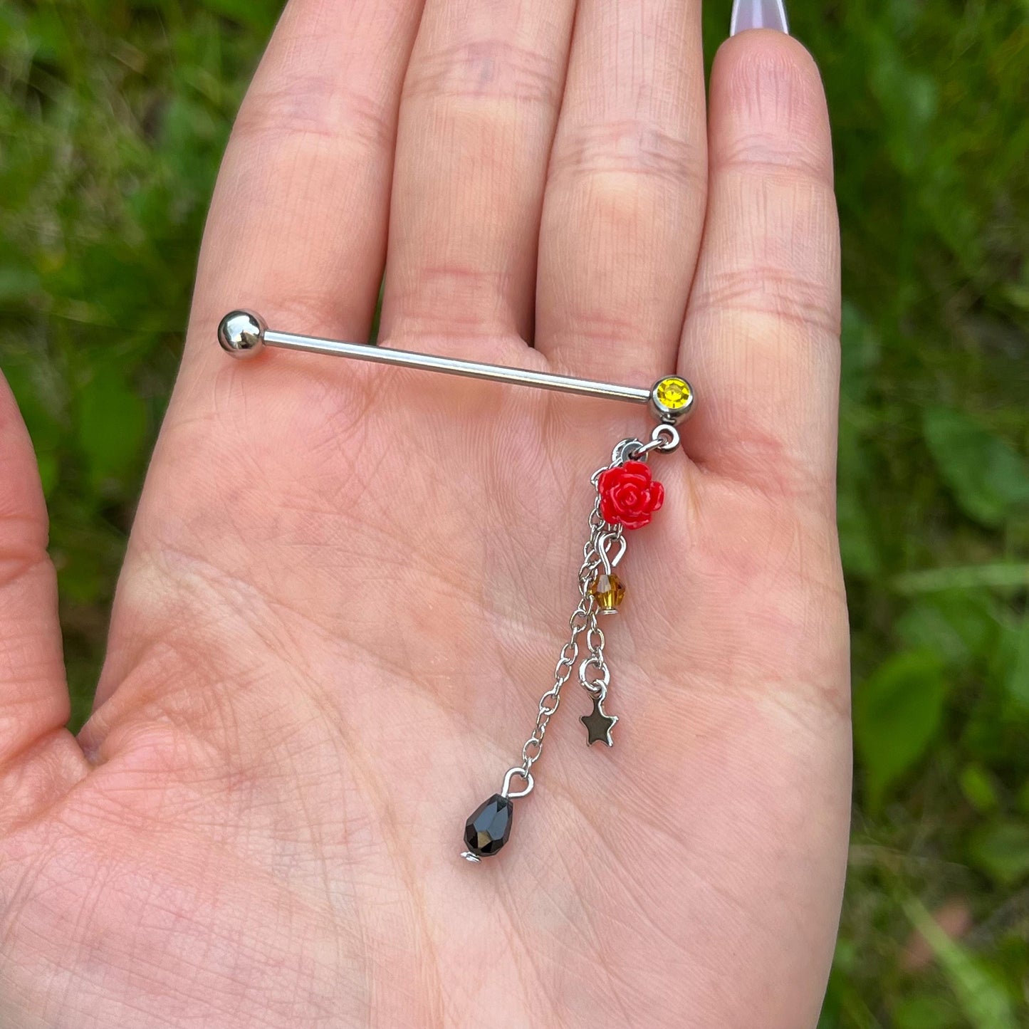 Dangling Pendant Industrial Barbell Piercing: Flower & Crystal, Stainless Steel 38mm