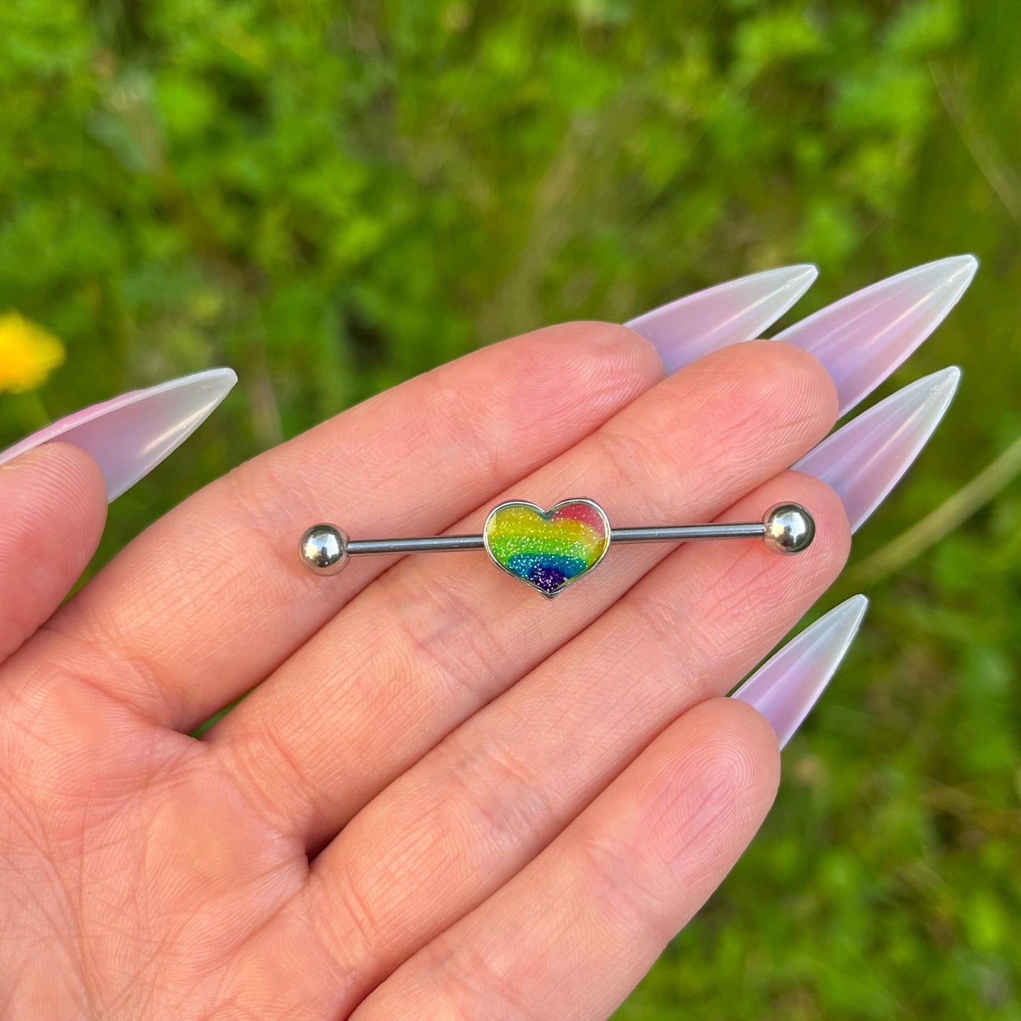 Rainbow Heart Industrial Barbell Piercing: Stainless Steel Ear Jewellery, 14G 38mm, LGBTQ+