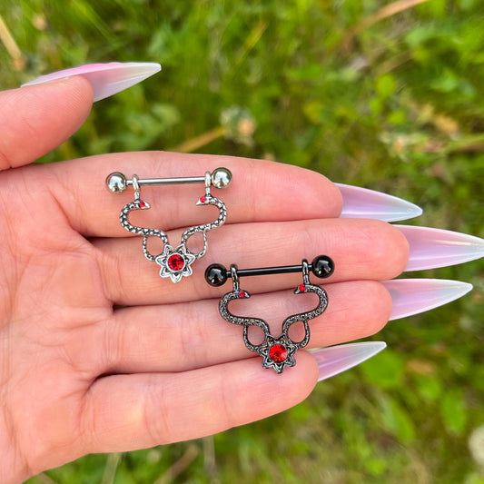 Snake Nipple Barbells: Gothic Stainless Steel Piercings, 14G Silver/Black