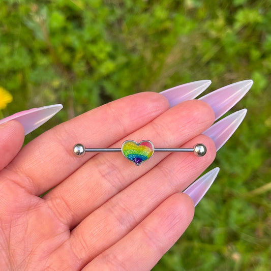 Rainbow Heart Industrial Barbell Piercing: Stainless Steel Ear Jewellery, 14G 38mm, LGBTQ+