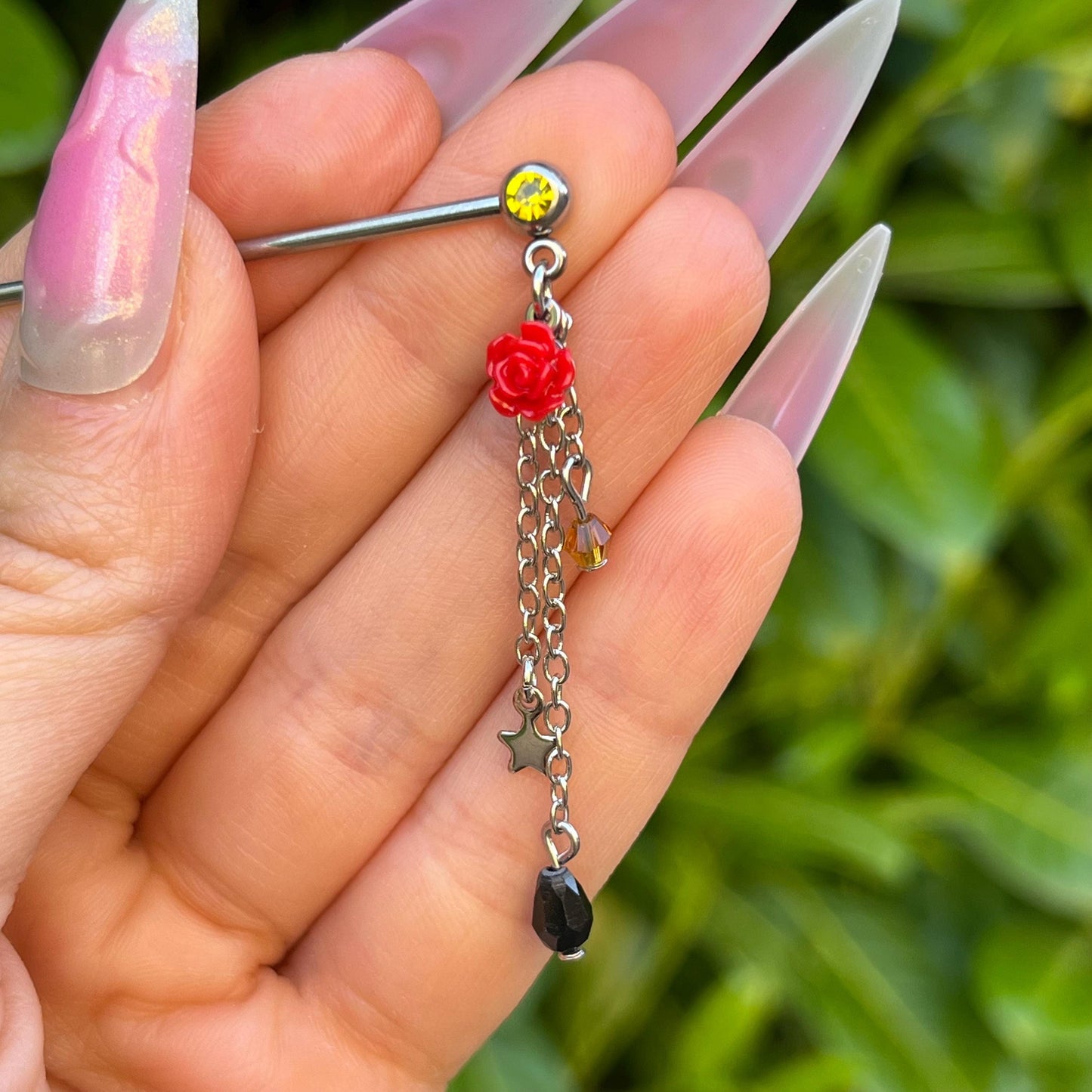 Dangling Pendant Industrial Barbell Piercing: Flower & Crystal, Stainless Steel 38mm