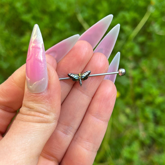 Moth Industrial Barbell Piercing: Stainless Steel Butterfly Cartilage Jewellery, 38mm 14G/16G