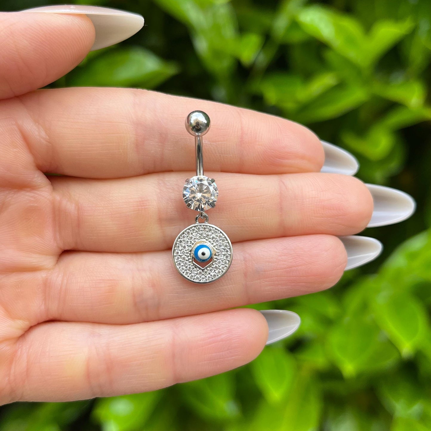 Evil Eye Belly Button Ring: Crystal Dangle, Stainless Steel Navel Piercing