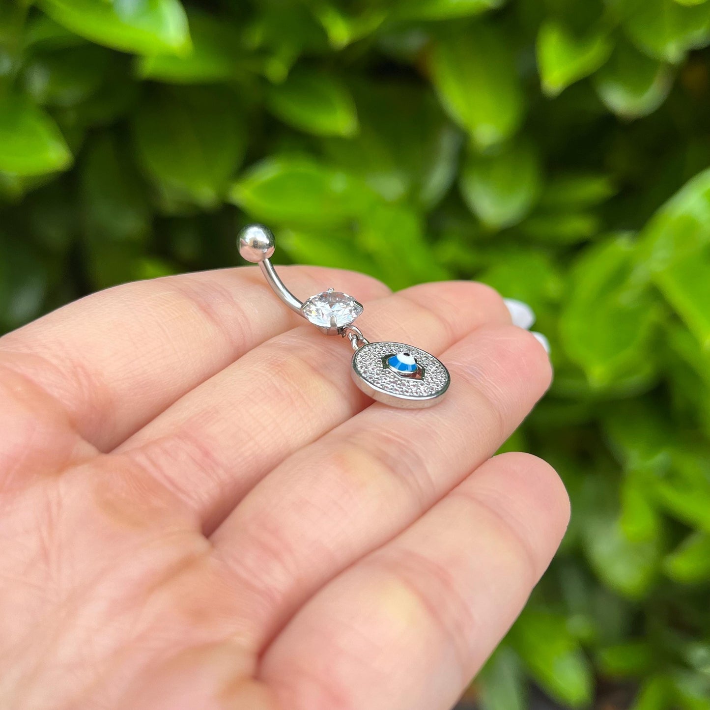 Evil Eye Belly Button Ring: Crystal Dangle, Stainless Steel Navel Piercing