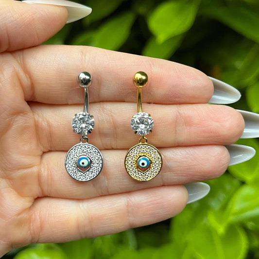 Evil Eye Belly Button Ring: Crystal Dangle, Stainless Steel Navel Piercing