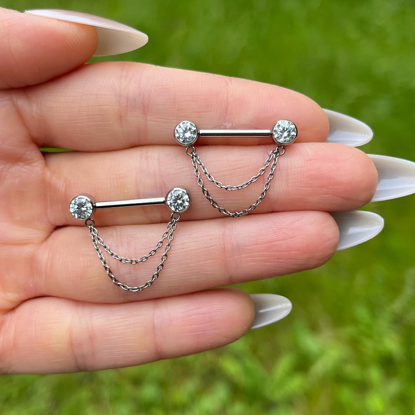 Crystal Gem Titanium Nipple Barbells: Dangling Chain Nipple Piercing, 14G 12/14mm