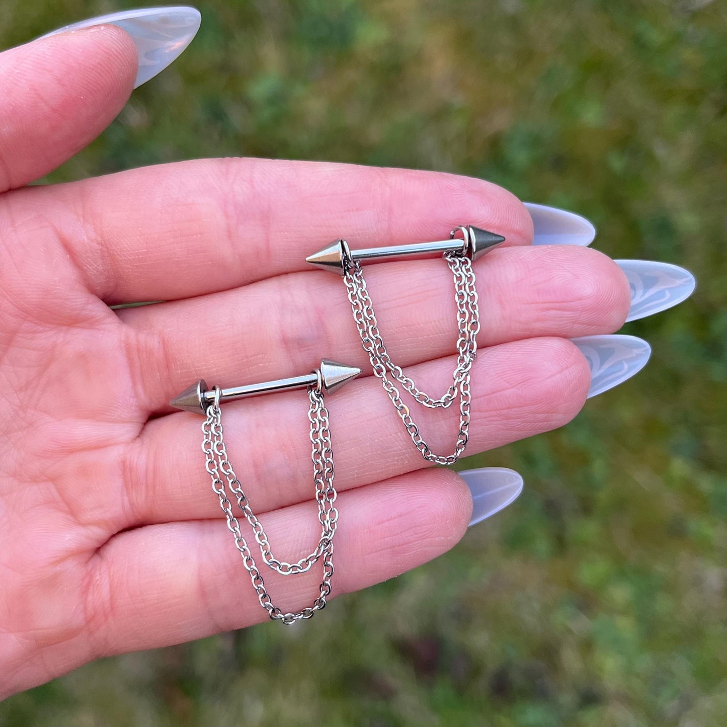 Spike Nipple Barbell with Dangling Chains: Stainless Steel Gothic Piercing