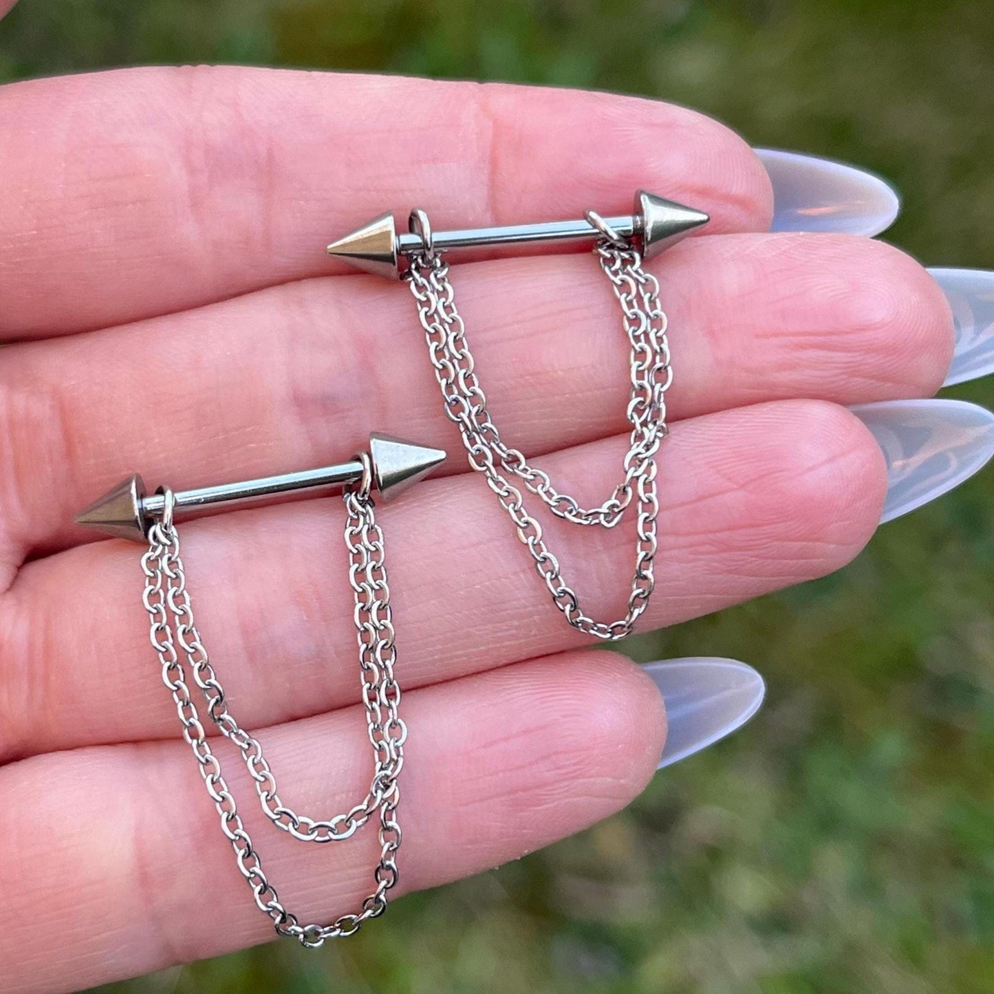 Spike Nipple Barbell with Dangling Chains: Stainless Steel Gothic Piercing
