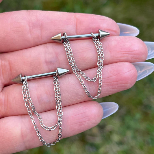 Spike Nipple Barbell with Dangling Chains: Stainless Steel Gothic Piercing