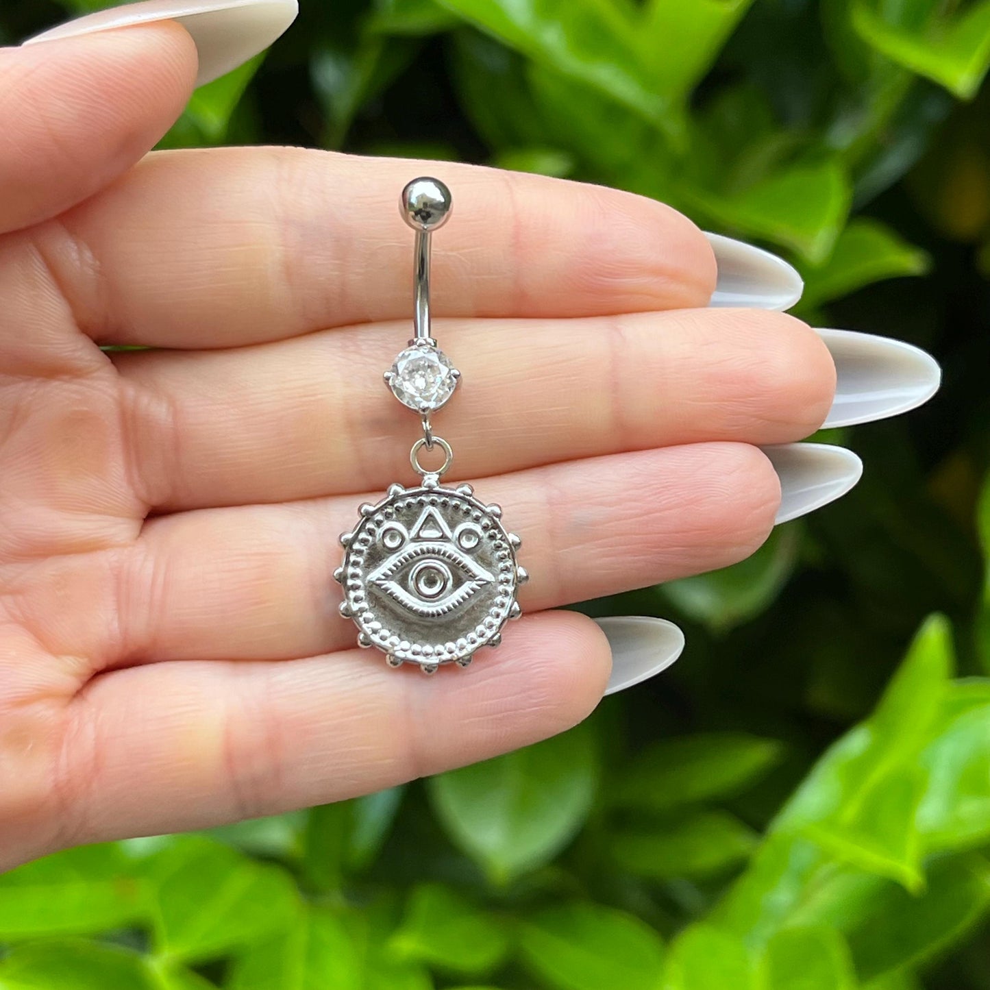 Third Eye Belly Button Ring: Crystal Dangle, Stainless Steel Navel Piercing