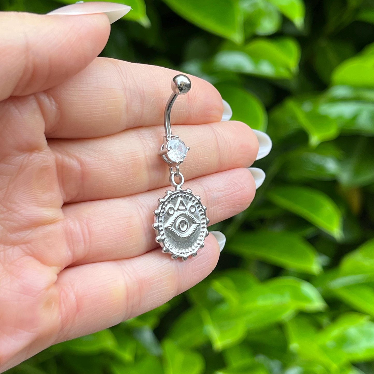Third Eye Belly Button Ring: Crystal Dangle, Stainless Steel Navel Piercing