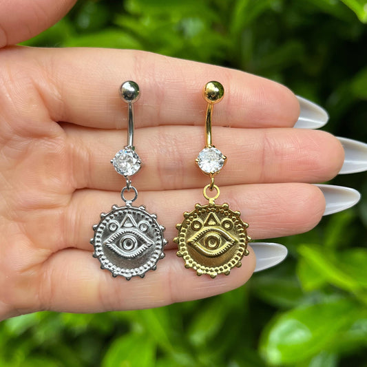 Third Eye Belly Button Ring: Crystal Dangle, Stainless Steel Navel Piercing
