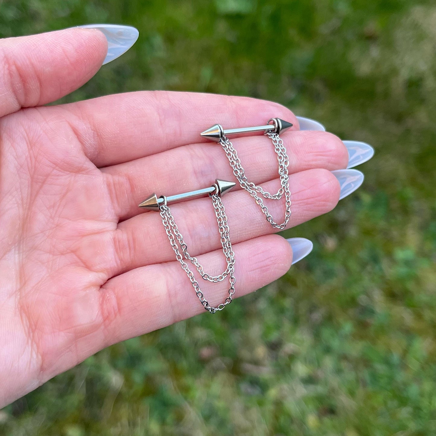 Spike Nipple Barbell with Dangling Chains: Stainless Steel Gothic Piercing