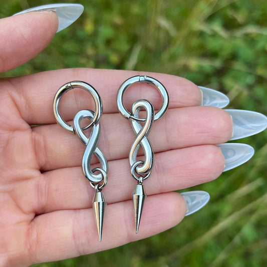 Spike Charm Hoop Earrings: Stainless Steel Gothic Dangle, Infinity Symbol