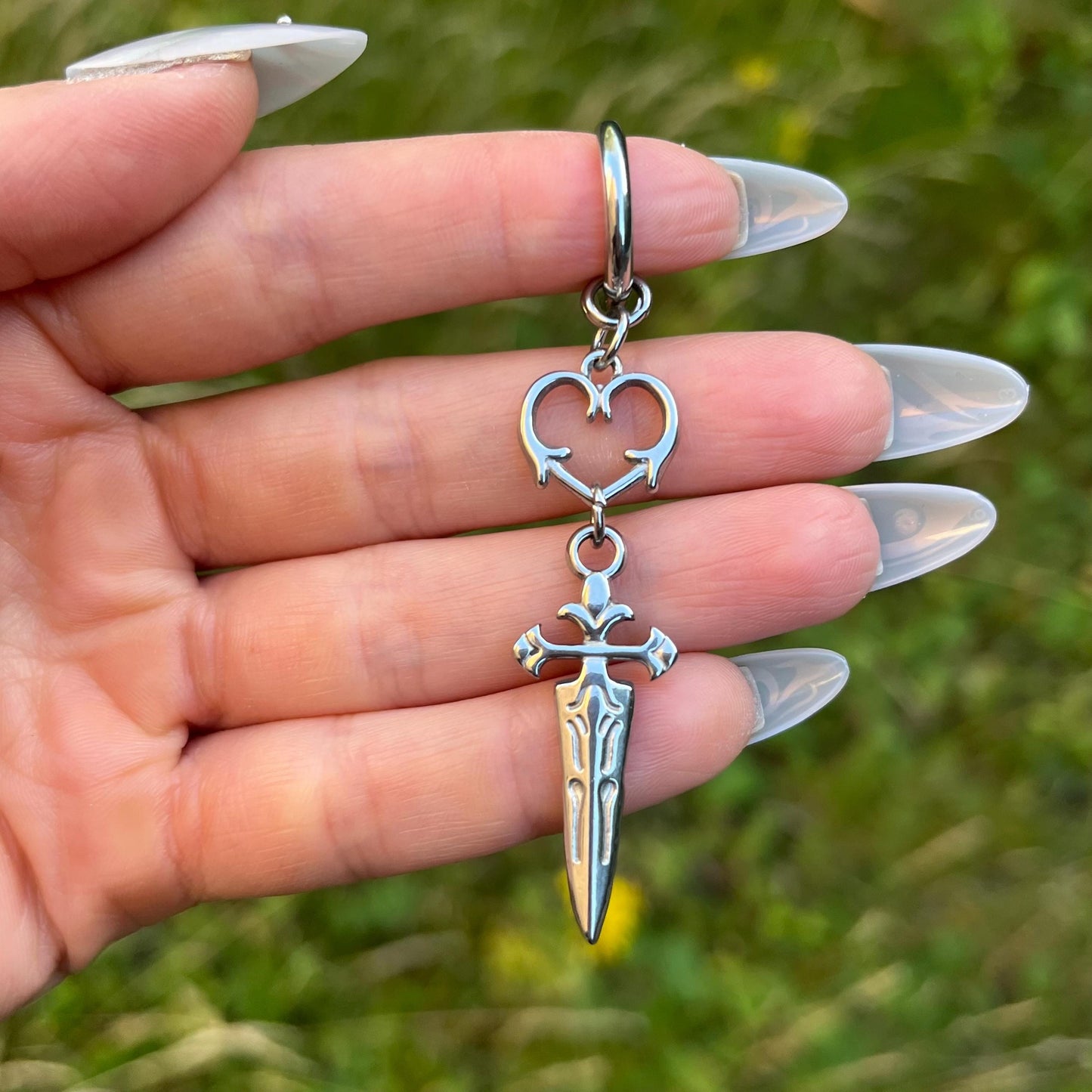Dagger Hoop Earrings, Heart Charm Hoop Earrings, Silver Chain Hoops, Dangle Earrings, Unisex Gothic/Grunge/Punk/Emo Spiky Dangling Earrings