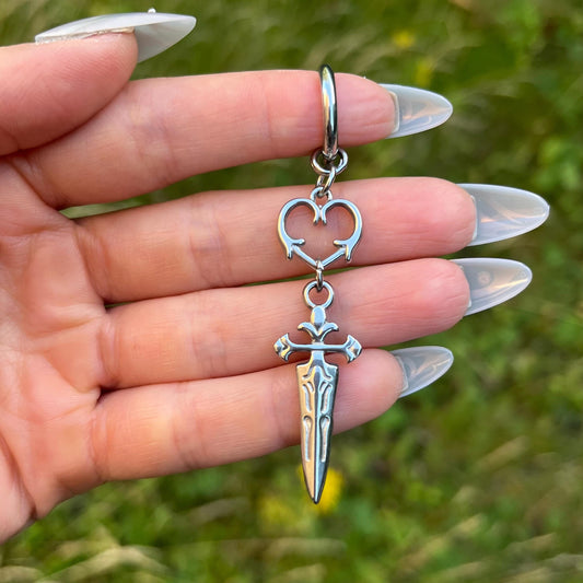 Dagger Hoop Earrings, Heart Charm Hoop Earrings, Silver Chain Hoops, Dangle Earrings, Unisex Gothic/Grunge/Punk/Emo Spiky Dangling Earrings