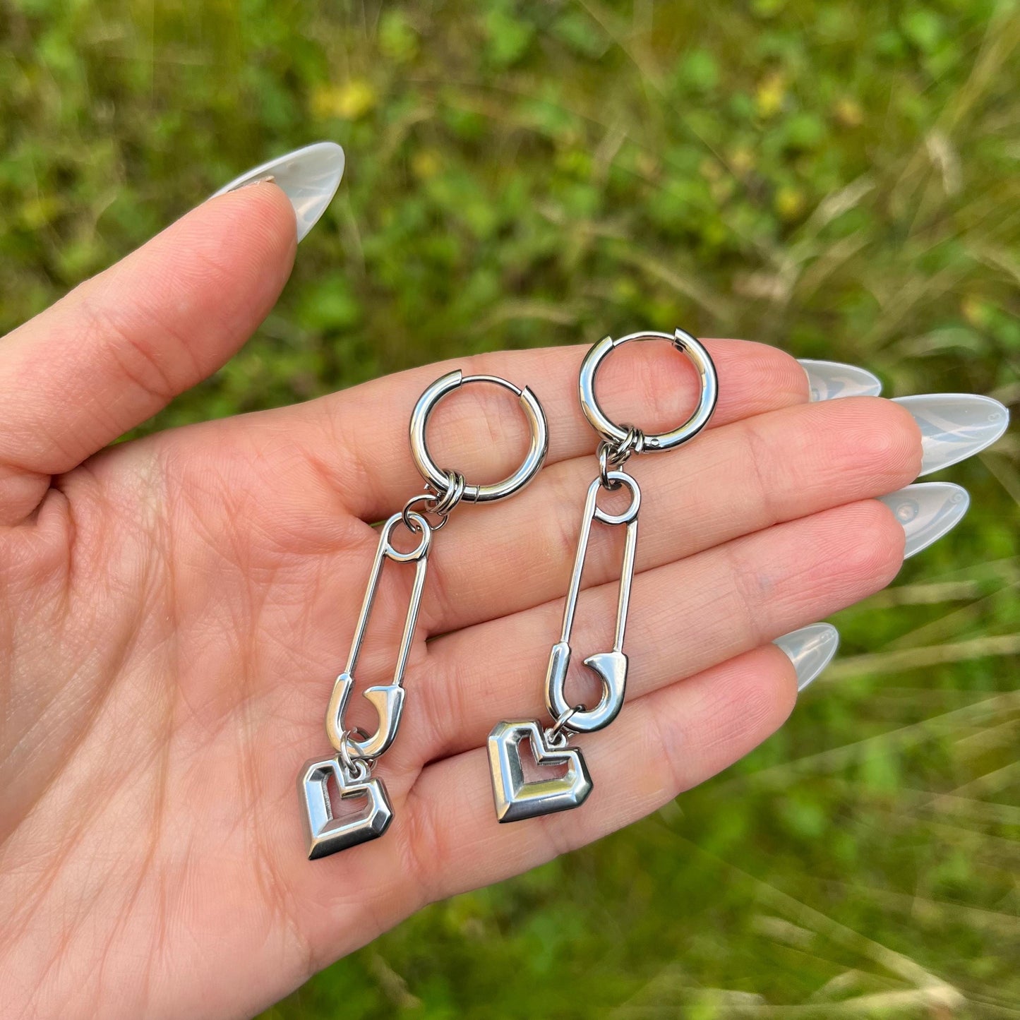 Safety Pin Hoop Earrings: Stainless Steel Heart Charms, Gothic Punk Style