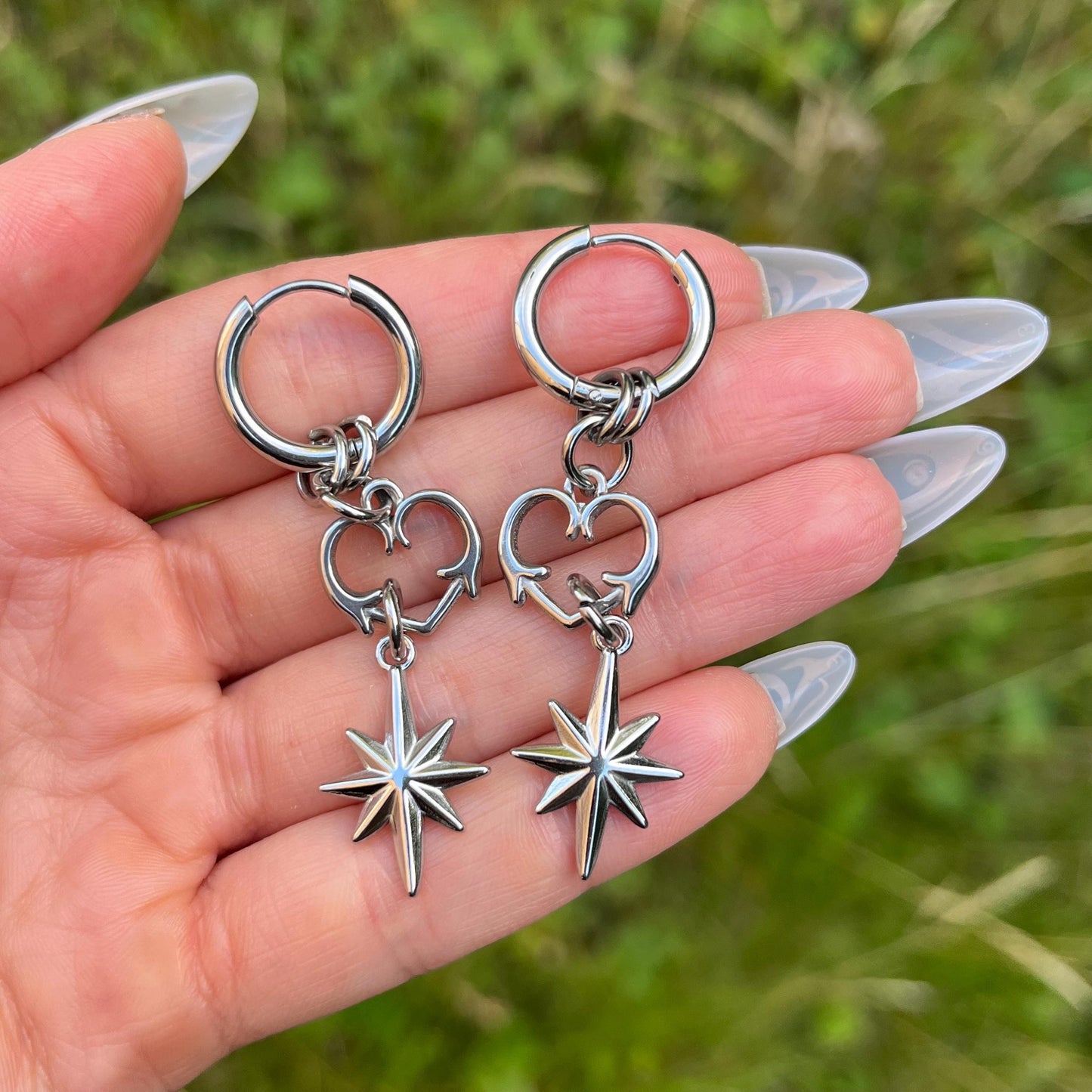 Spiky Heart & Star Hoop Earrings: Stainless Steel Gothic Grunge