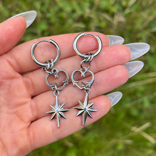 Spiky Heart & Star Hoop Earrings: Stainless Steel Gothic Grunge