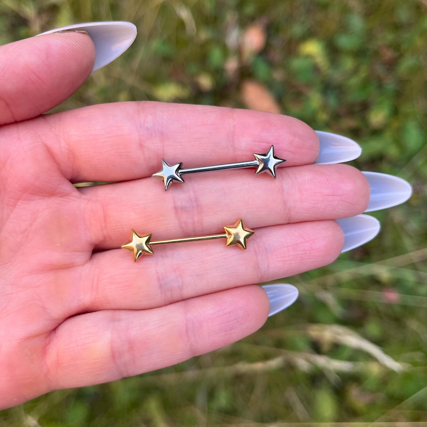 Titanium Star Nipple Barbells: 16G, 16mm Nipple Piercing Jewellery, Silver/Gold