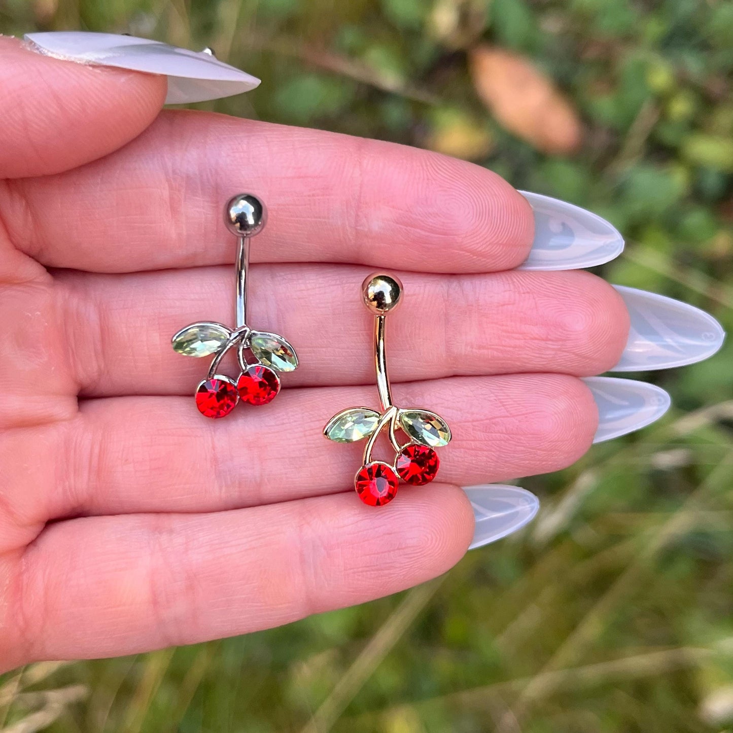 Cherry Belly Button Ring: Stainless Steel Navel Piercing, Silver/Gold