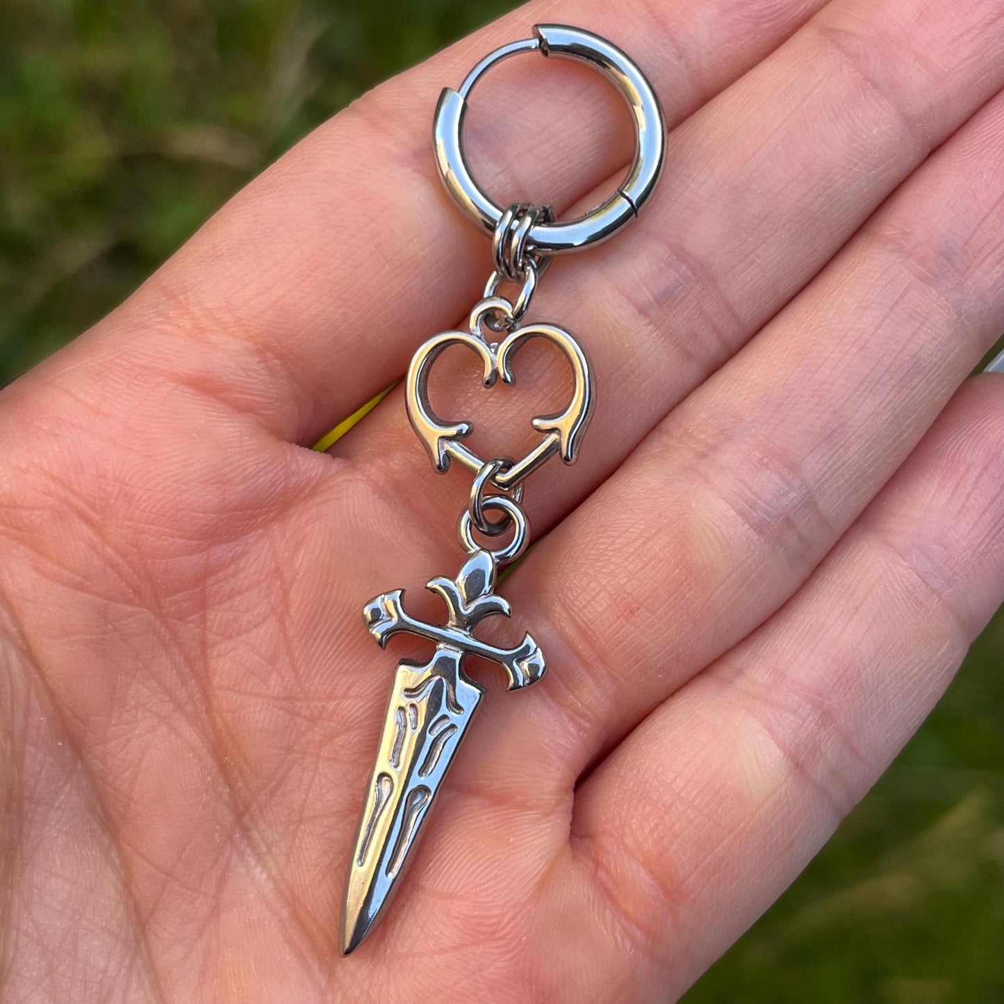 Dagger Hoop Earrings, Heart Charm Hoop Earrings, Silver Chain Hoops, Dangle Earrings, Unisex Gothic/Grunge/Punk/Emo Spiky Dangling Earrings