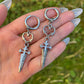 Dagger Hoop Earrings, Heart Charm Hoop Earrings, Silver Chain Hoops, Dangle Earrings, Unisex Gothic/Grunge/Punk/Emo Spiky Dangling Earrings