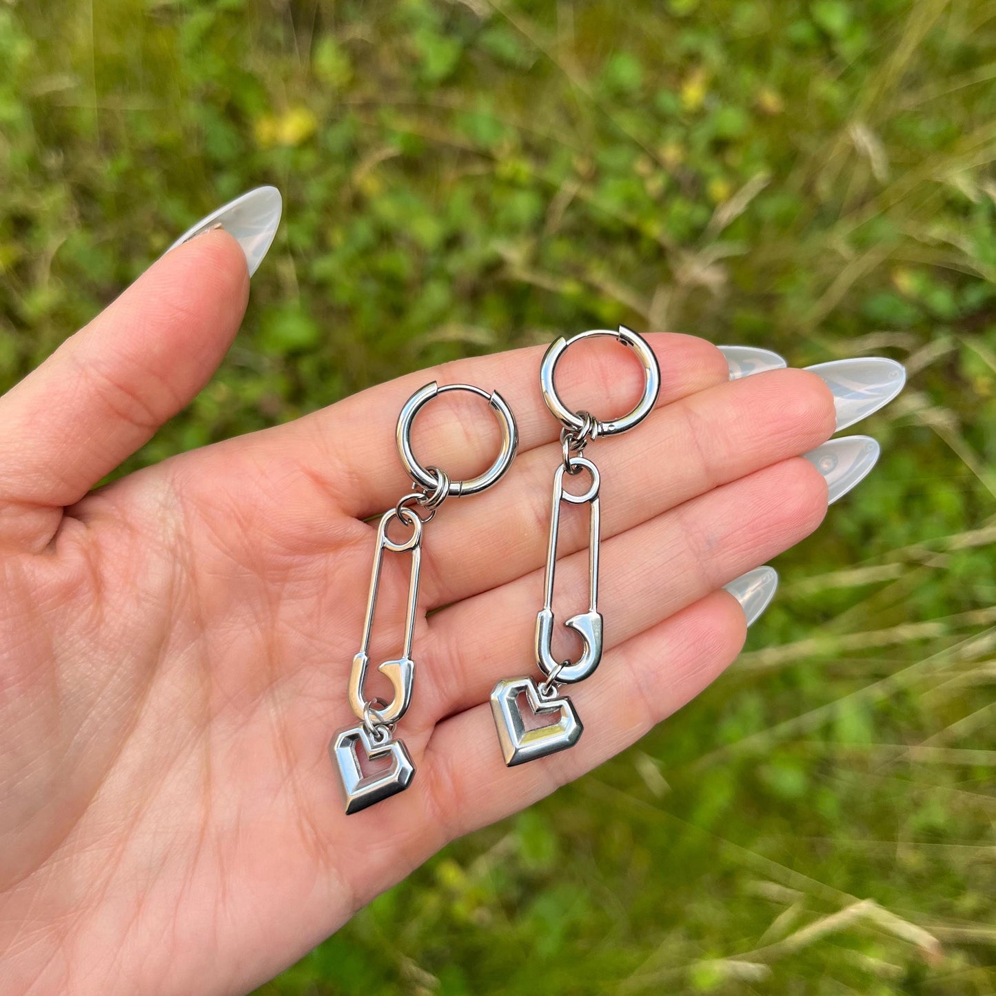 Safety Pin Hoop Earrings: Stainless Steel Heart Charms, Gothic Punk Style