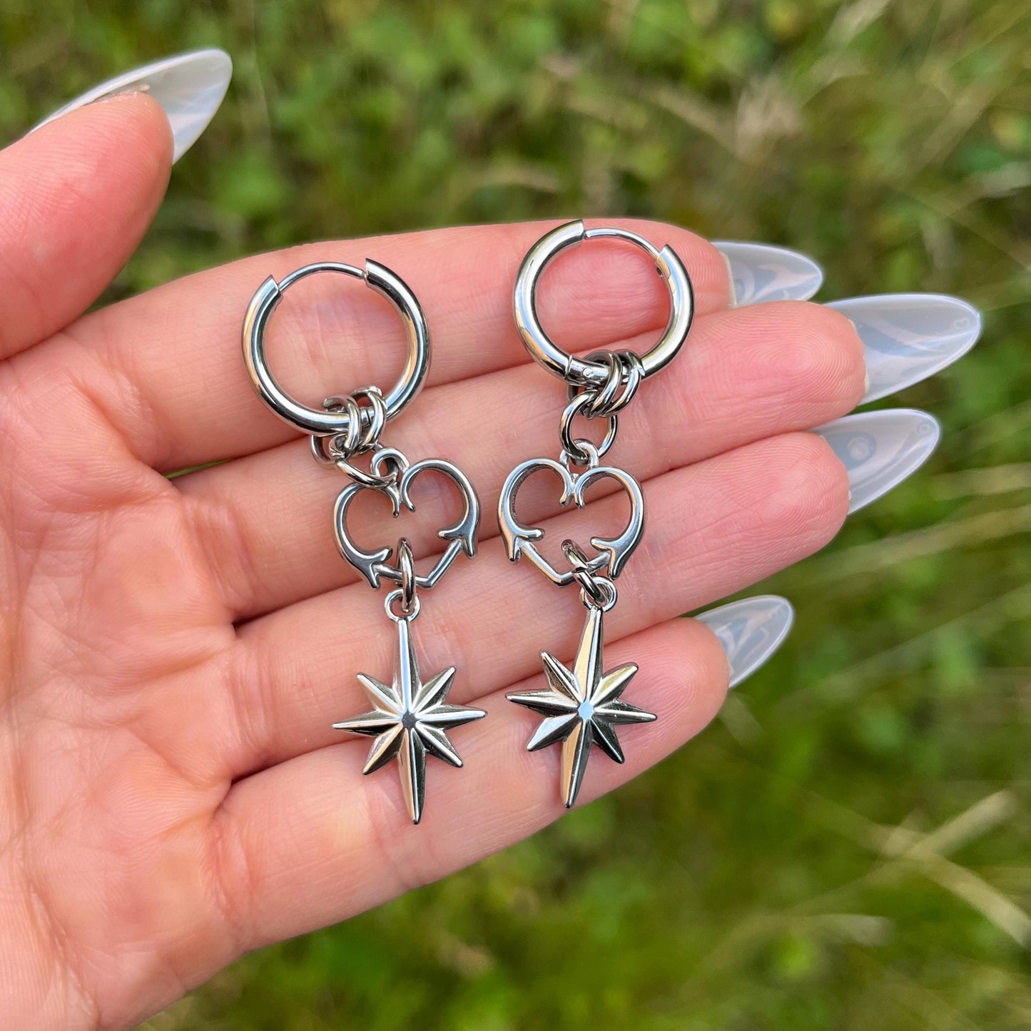 Spiky Heart & Star Hoop Earrings: Stainless Steel Gothic Grunge