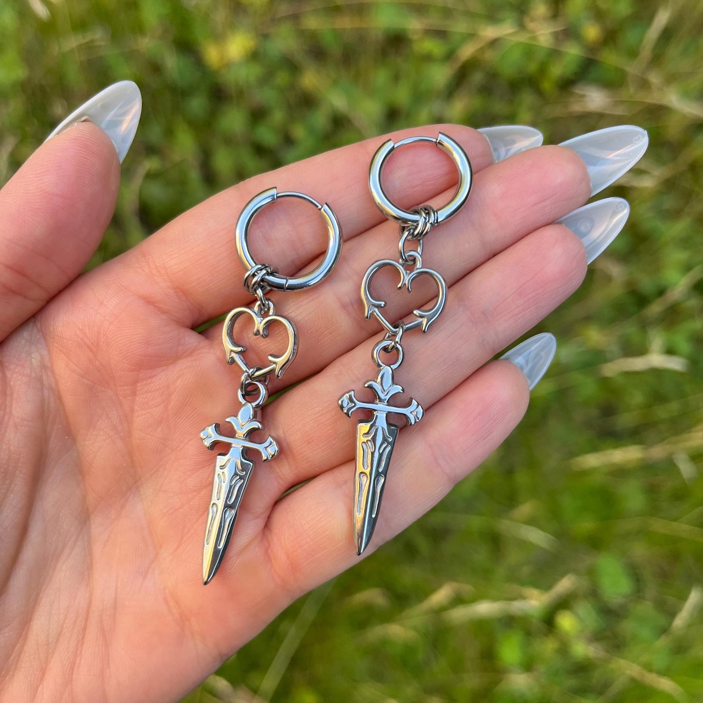 Dagger Hoop Earrings, Heart Charm Hoop Earrings, Silver Chain Hoops, Dangle Earrings, Unisex Gothic/Grunge/Punk/Emo Spiky Dangling Earrings