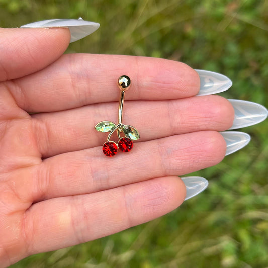 Cherry Belly Button Ring: Stainless Steel Navel Piercing, Silver/Gold