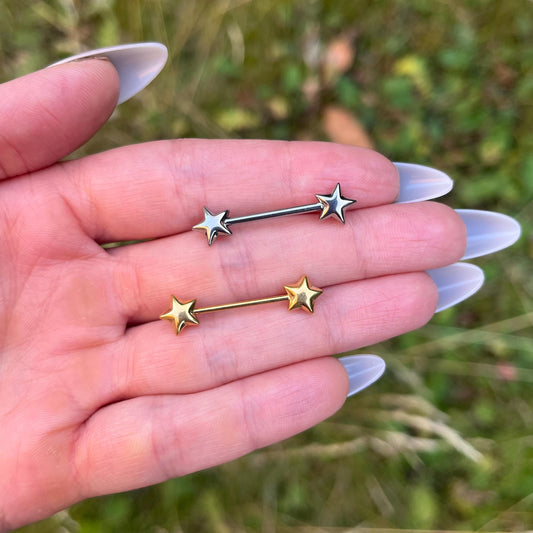 Titanium Star Nipple Barbells: 16G, 16mm Nipple Piercing Jewellery, Silver/Gold