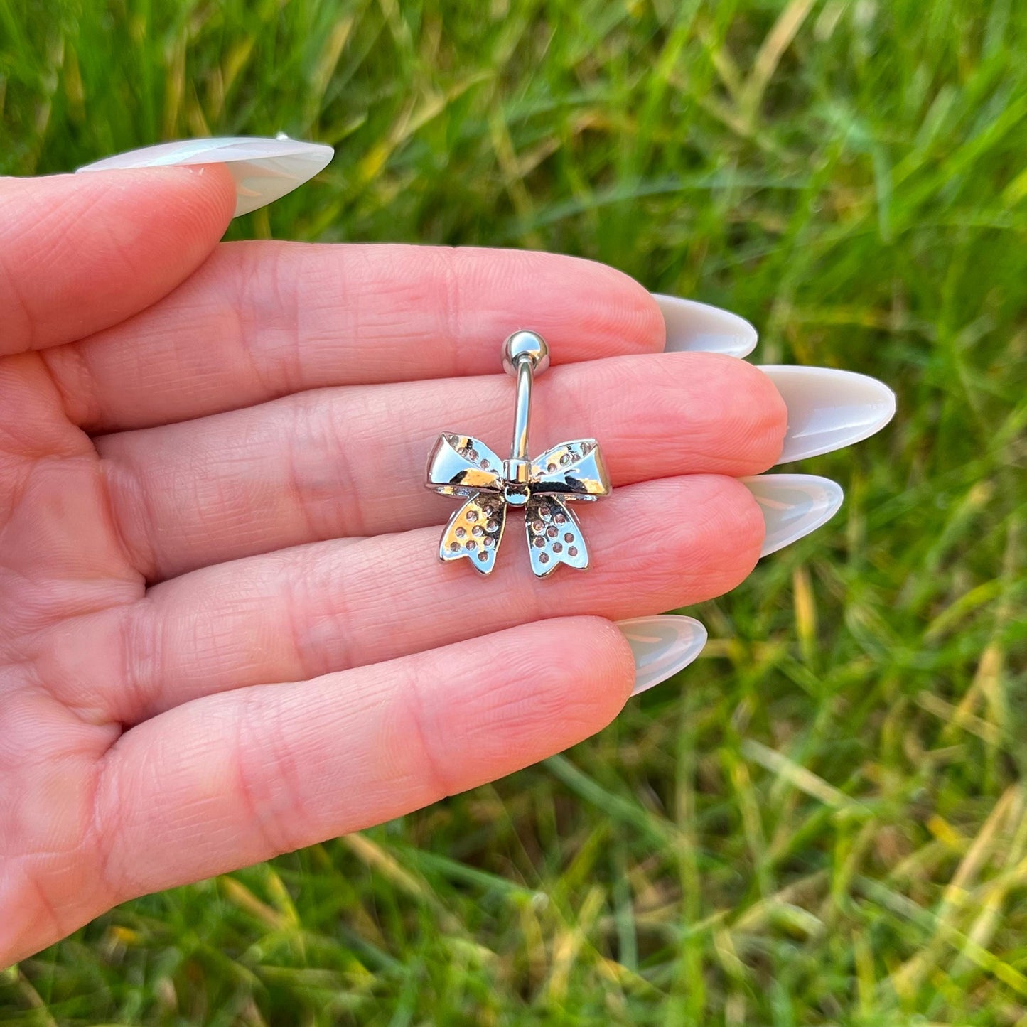Bow Belly Button Ring with Crystal Gems: Surgical Steel Navel Piercing