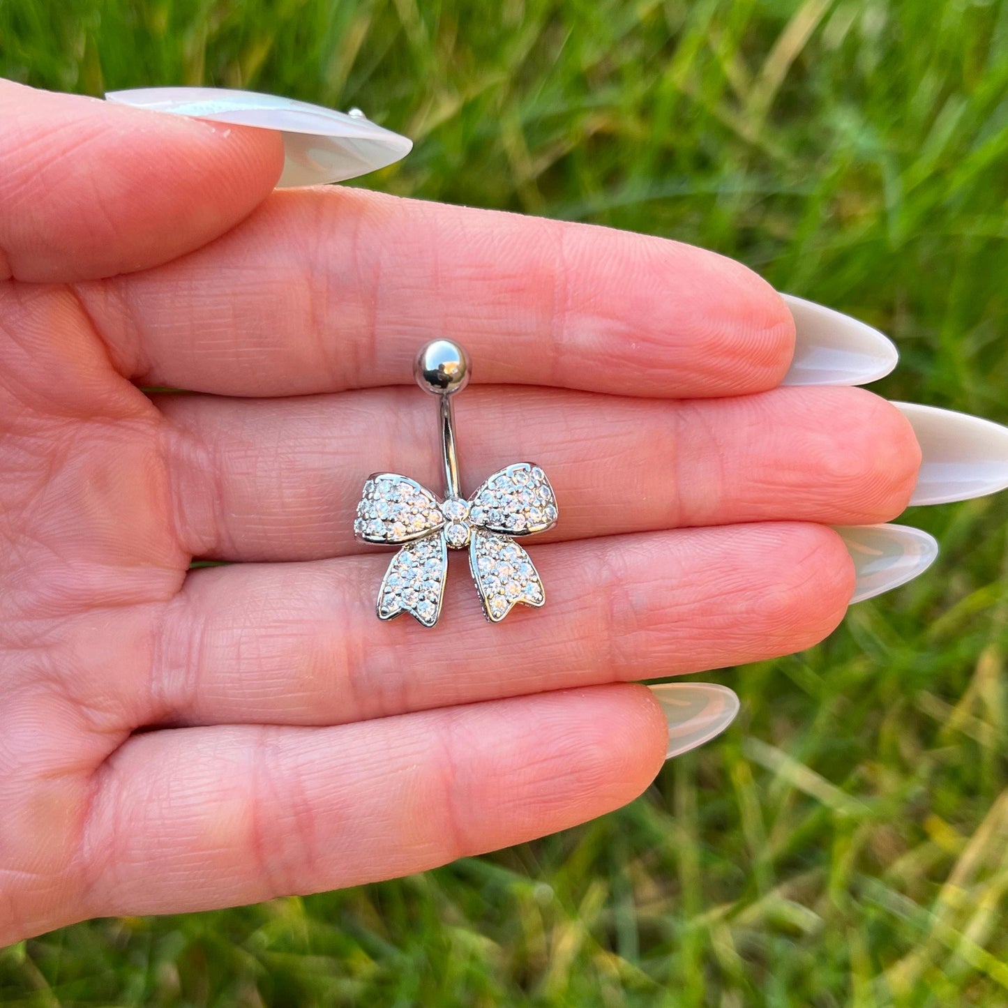 Bow Belly Button Ring with Crystal Gems: Surgical Steel Navel Piercing