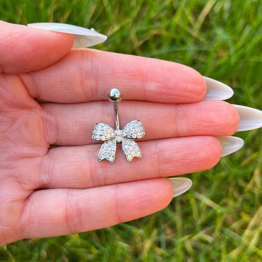 Bow Belly Button Ring with Crystal Gems: Surgical Steel Navel Piercing