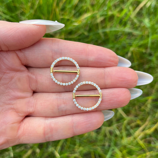 Circular Titanium Nipple Bars with Crystal Gems: 14G 14mm