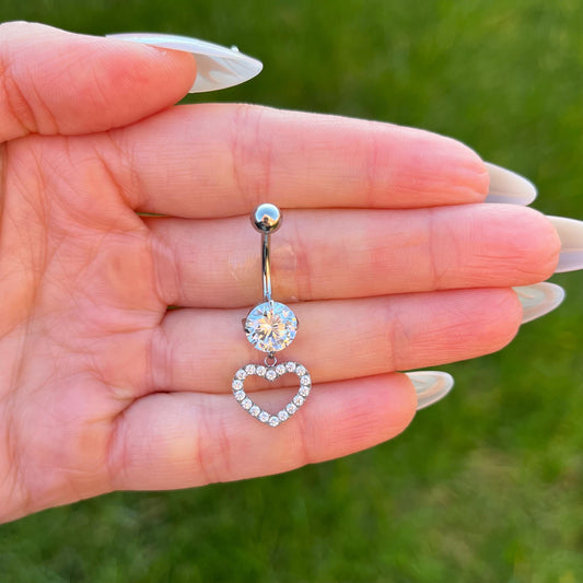Titanium Dangle Belly Ring: Heart & Crystal Navel Piercing, Silver/Gold