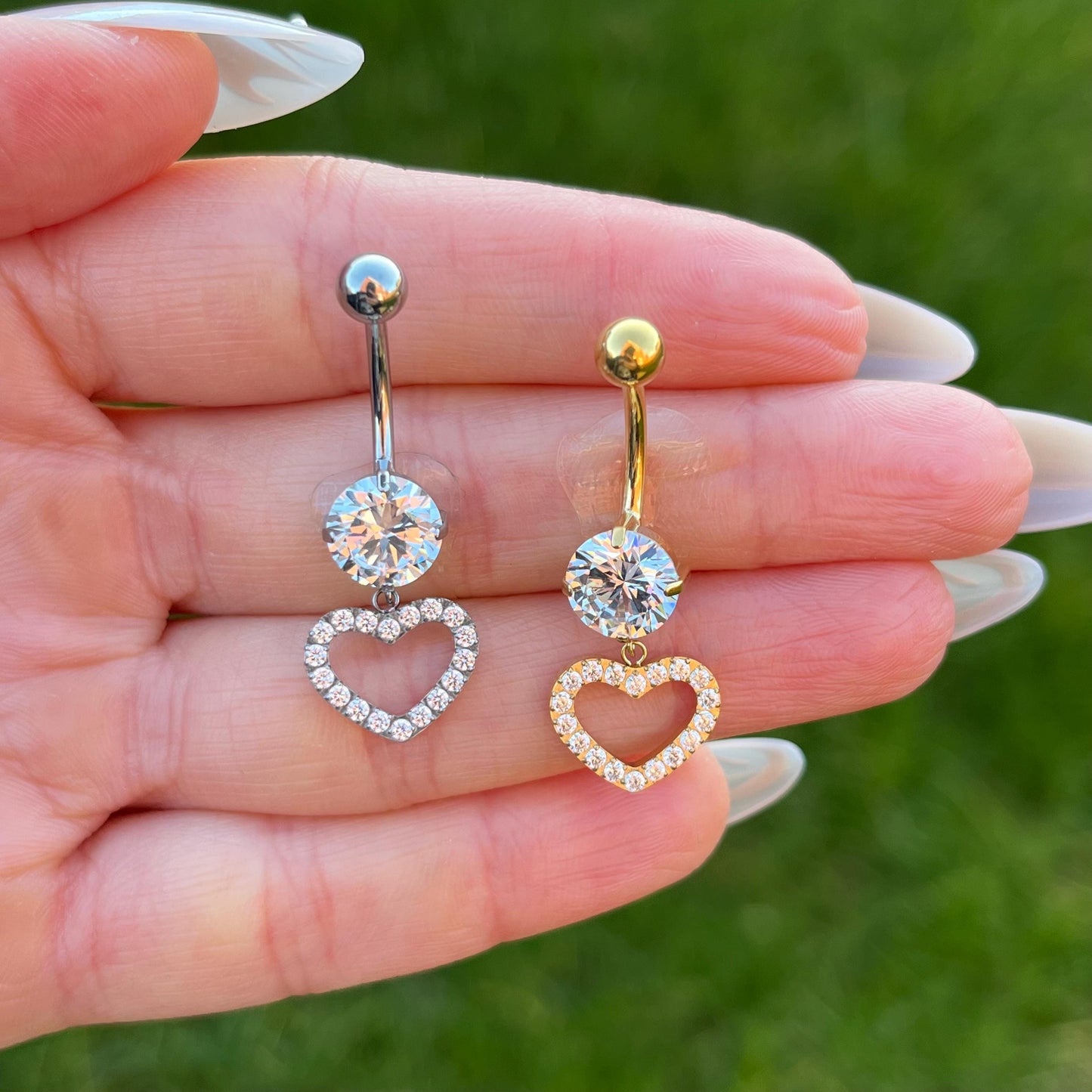 Titanium Dangle Belly Ring: Heart & Crystal Navel Piercing, Silver/Gold