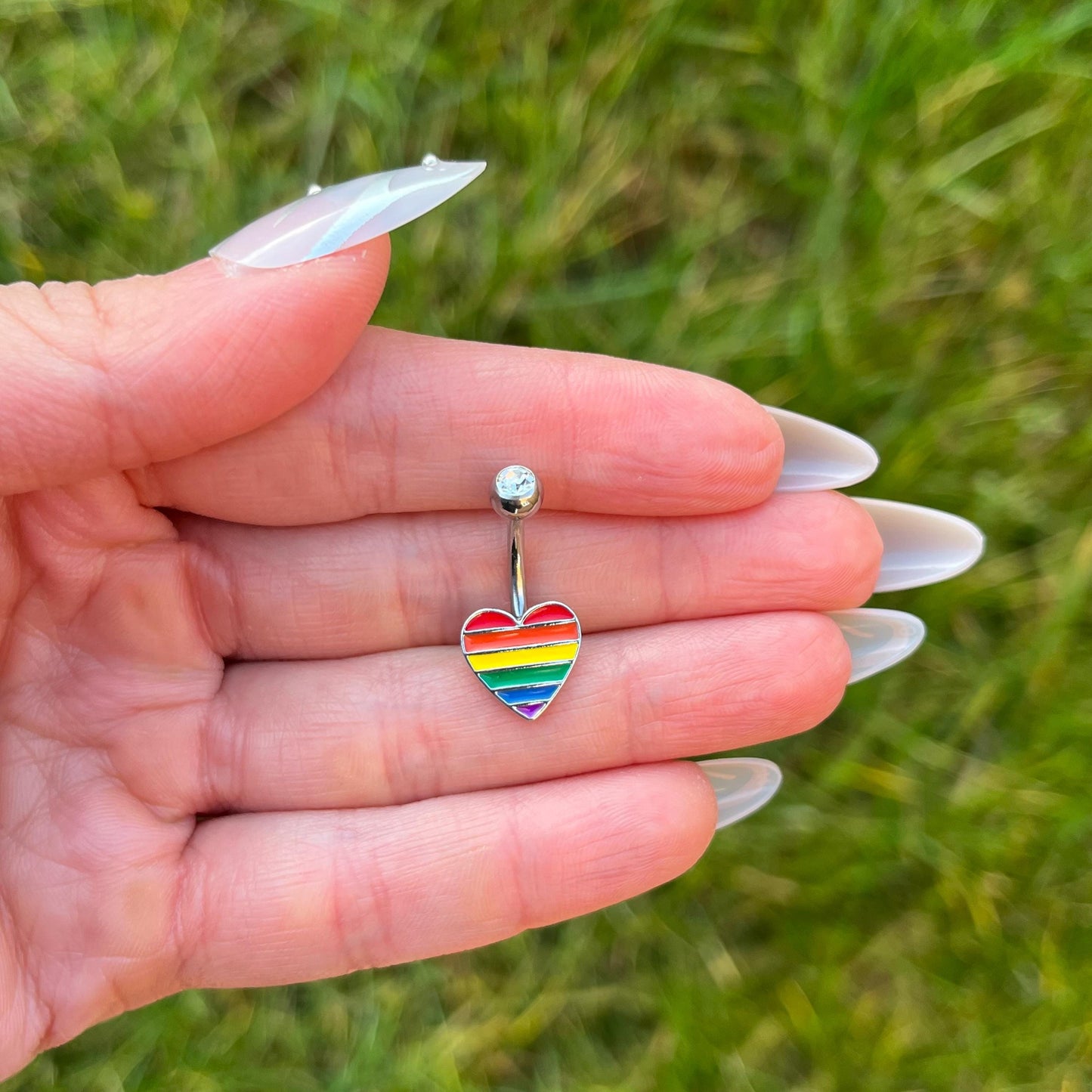 Rainbow Heart Belly Button Ring: Surgical Steel Navel Piercing