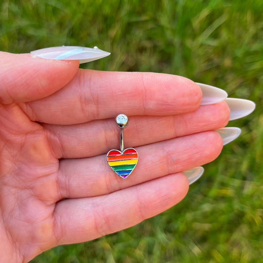 Rainbow Heart Belly Button Ring: Surgical Steel Navel Piercing