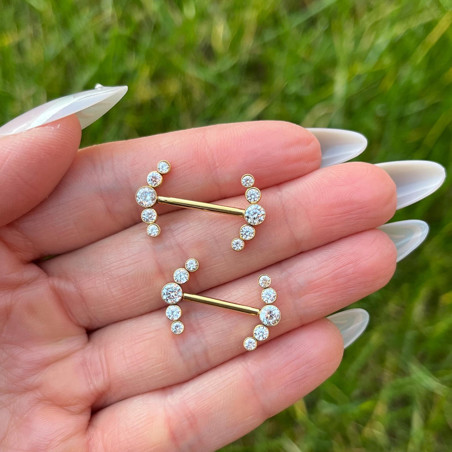 Crystal Gem Titanium Nipple Barbells: Nipple Piercing, 14G 14mm/16mm